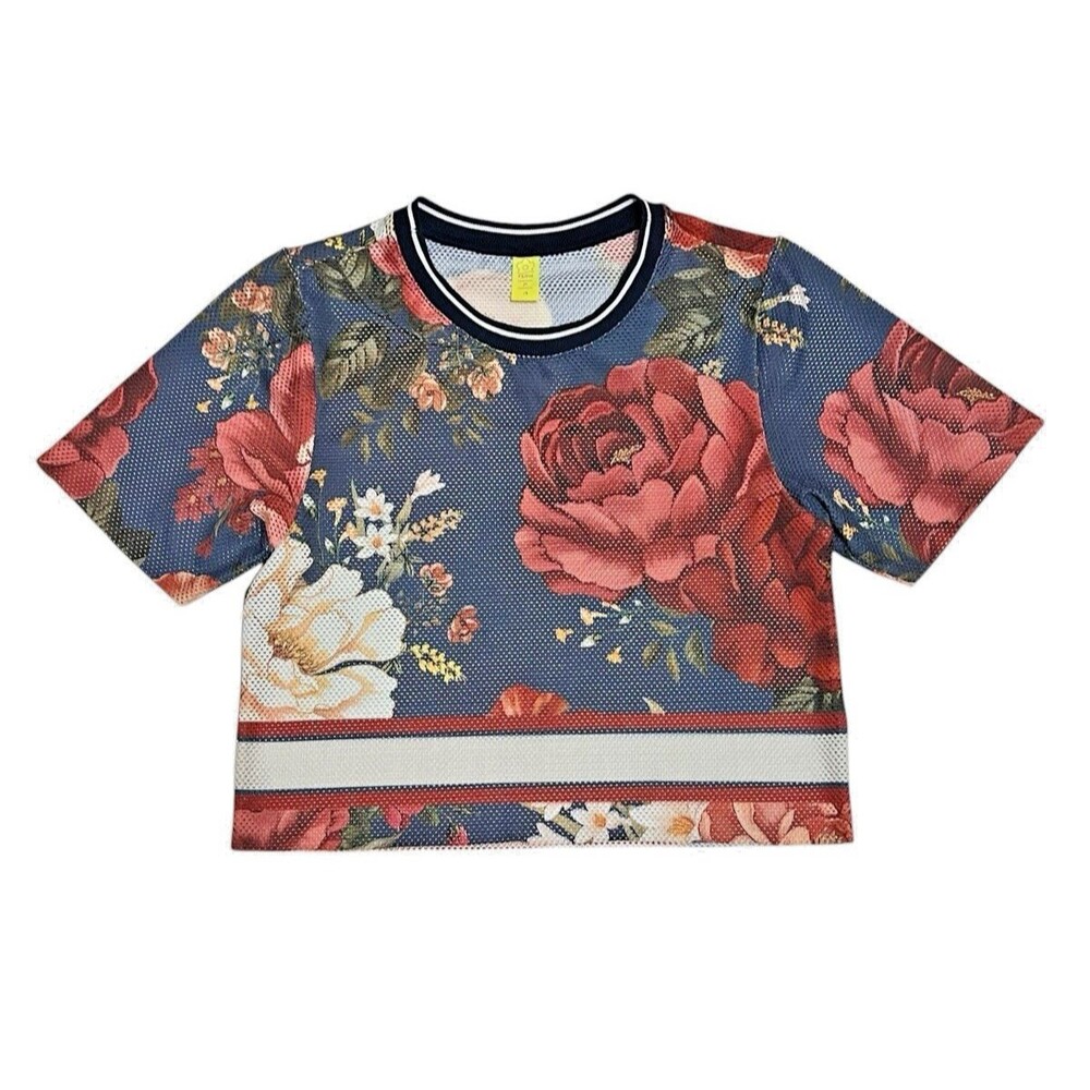 FARM RIO Blue/Red Floral Rose Mesh Cropped Top Shirt Vibrant Colorful Bold (P) S
